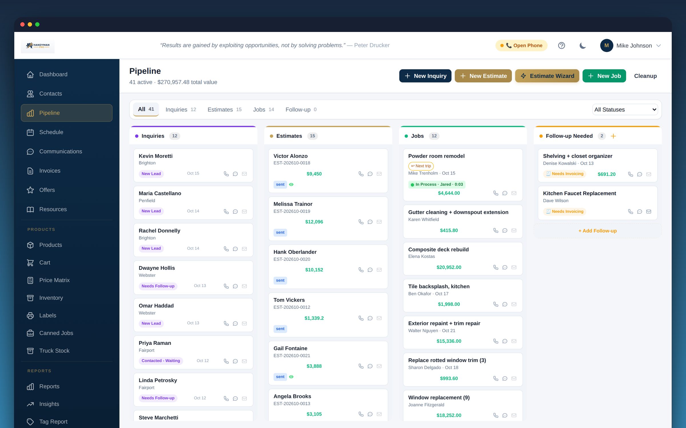 The BGS Pipeline: every inquiry, estimate, job and follow-up on one page
